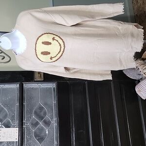 #94 Miss Sparkling Cream Smiley Face Sweater Dress Distressed Edges Women Size S